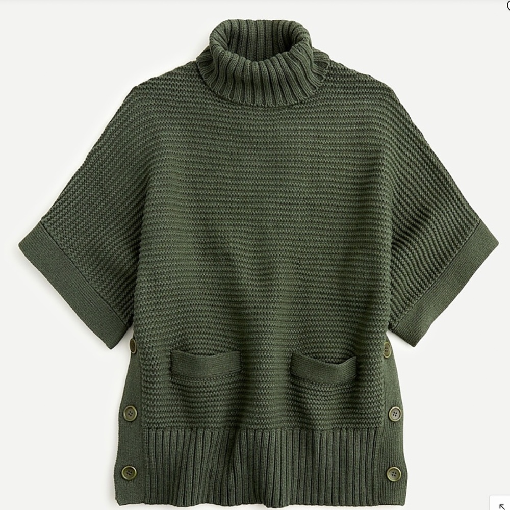 J.Crew Turtleneck Poncho Chunky Knit Short Sleeve Sweater Oversized Evergreen XS